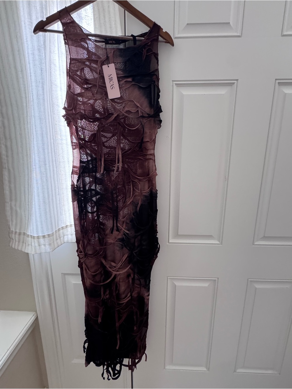 MICAS Tie Dye Distressed Mesh Slit Maxi Dress Womens Size Large